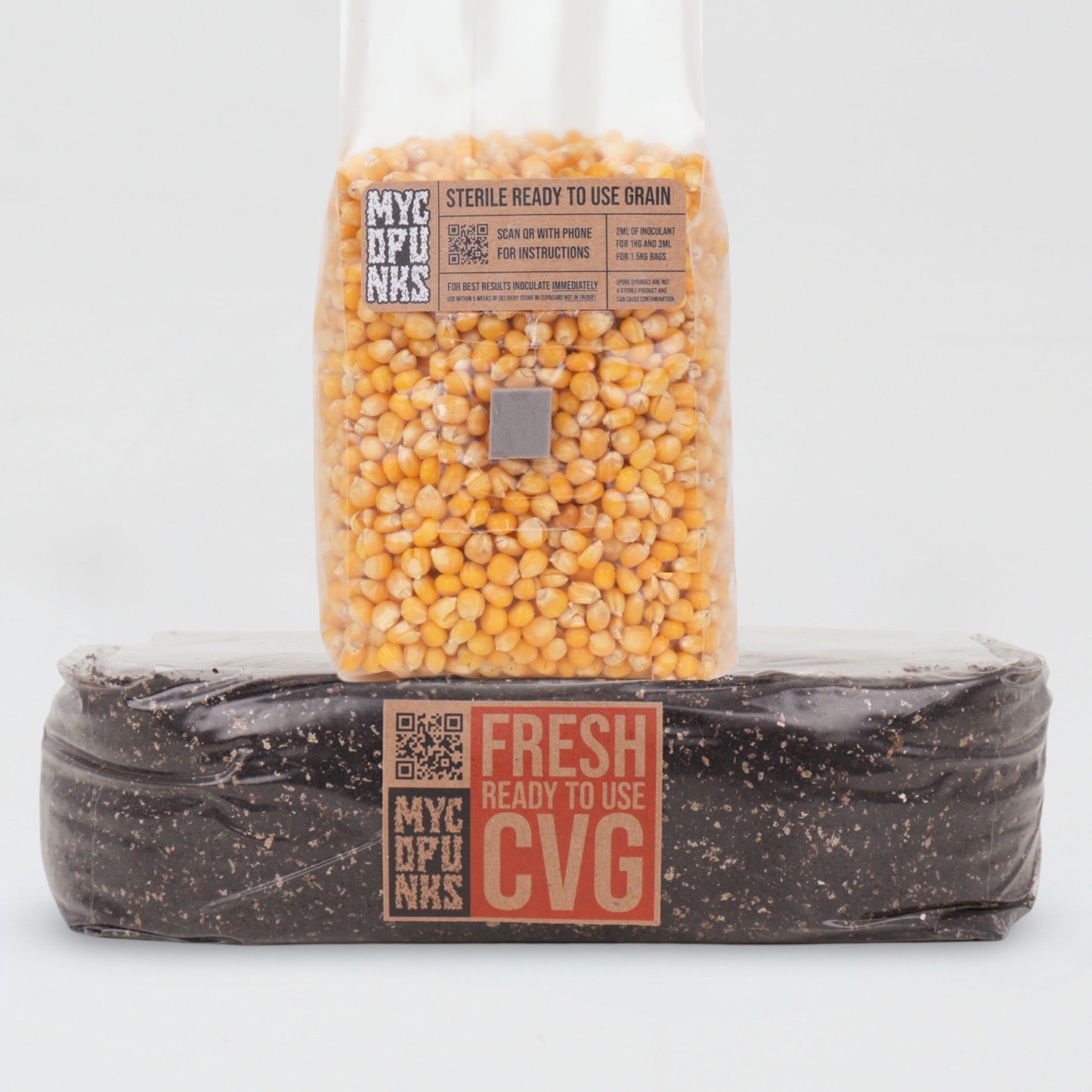 1kg Sterile Popcorn Grain bundle sat on 2kg CVG